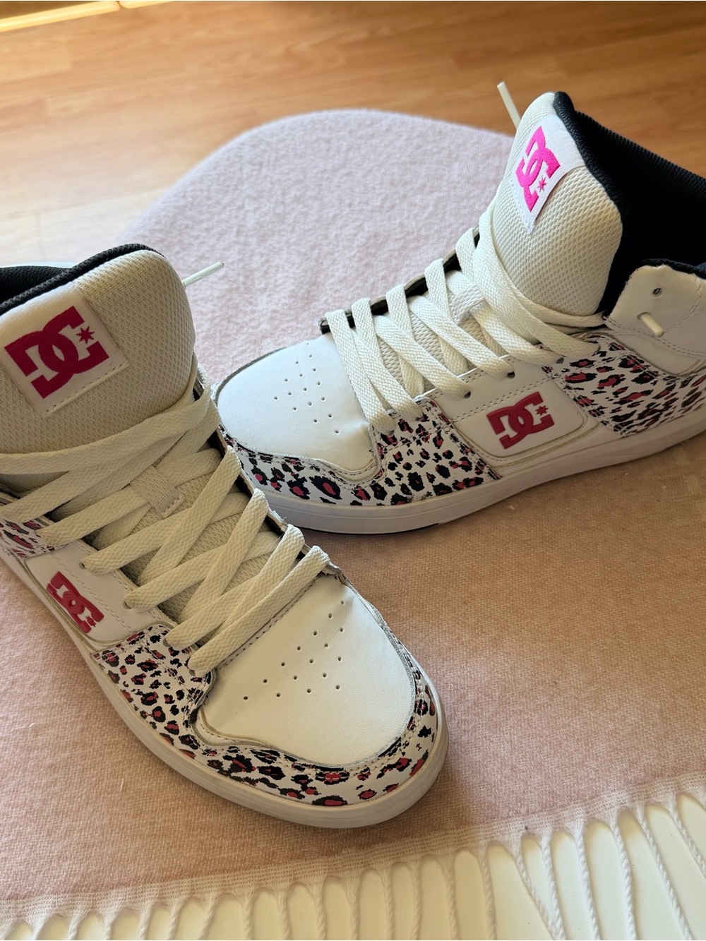 DC White High-Top Sneakers with Pink and Black Leopard Trim